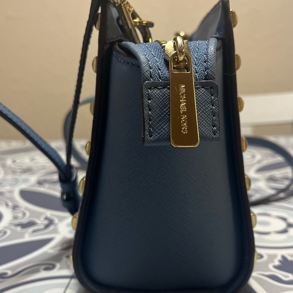 Michael Kors Blue and Gold Crossbody Bag with Studded Details, Saffiano Leather - Picture 3 of 16